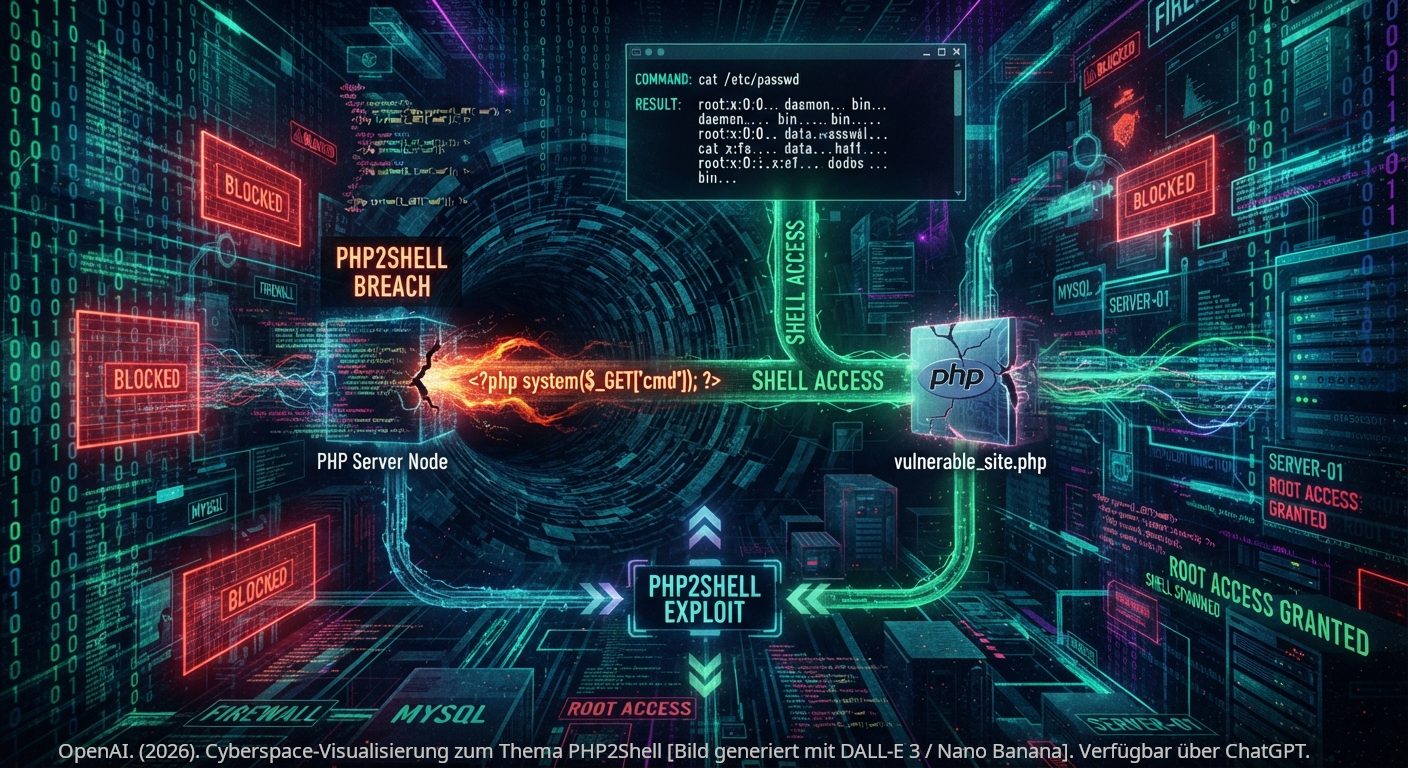 OpenAI. (2026). Cyberspace-Visualisierung zum Thema PHP2Shell [Bild generiert mit DALL-E 3 / Nano Banana]. Verfügbar über ChatGPT.